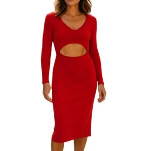 Open Edit Womens Red Ribbed Knit Long Sleeve Peekaboo Bodycon Dress Size Sm NWT